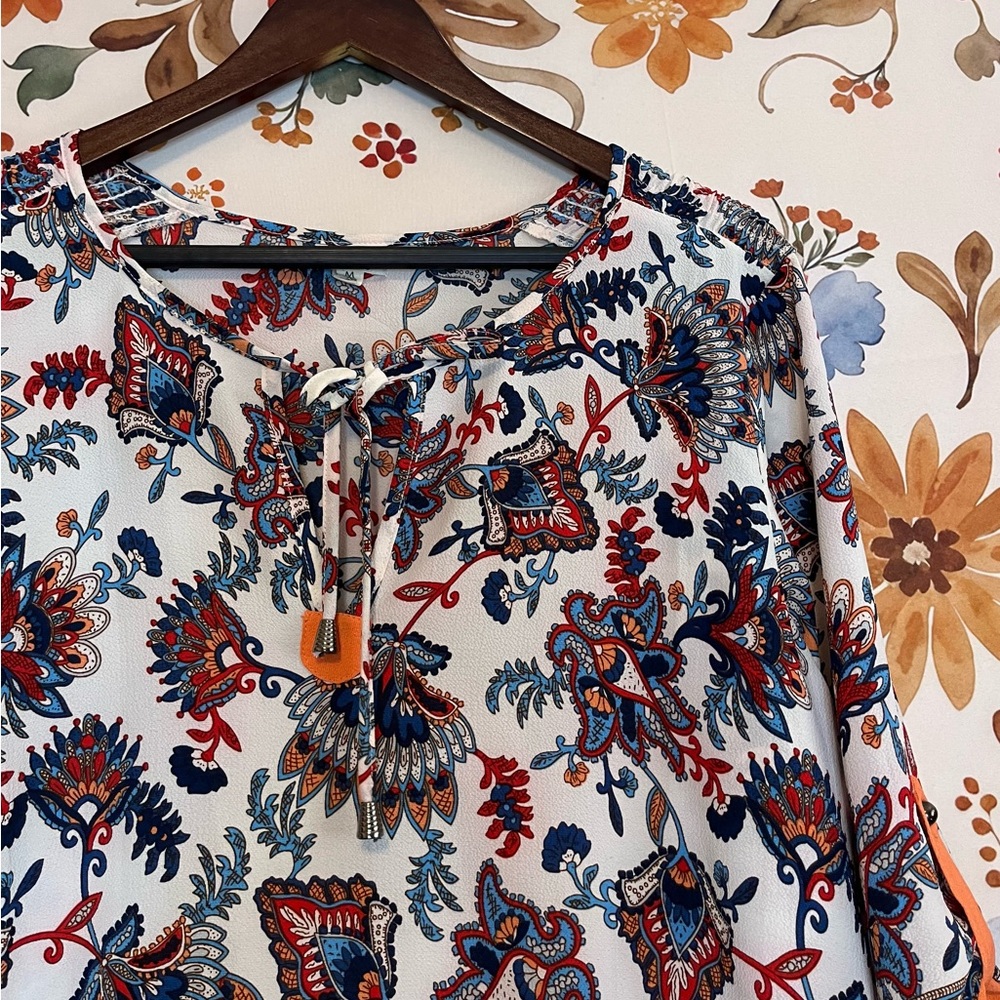 Boutique M Boho Hippie Roll Tab Spring Fall Lightweight Weekend Casual Blouse